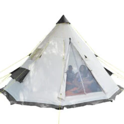 Tente De Camping Tipii - 6 Personnes - Hauteur 2,50m - Moustiquaire - Beige/Gris