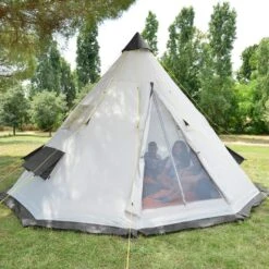 Tente De Camping Tipii - 6 Personnes - Hauteur 2,50m - Moustiquaire - Beige/Gris -Camping En Plein Air Boutique tente de camping tipii 6 personnes hauteur 250m moustiquaire beigegris 6